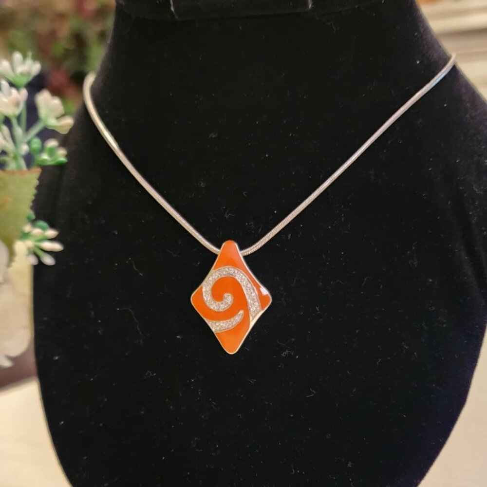 Affinity Diamond 1/8 ct tw Sterling Silver Orange Enamel Pendant Necklace .925